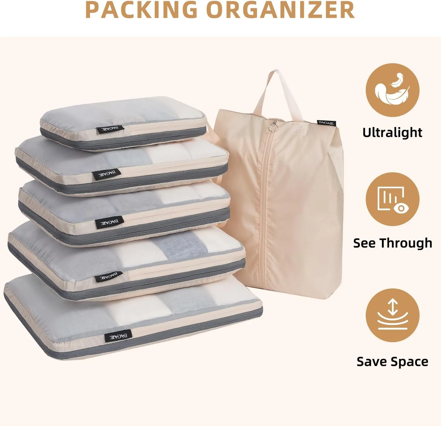 BAGAIL 4 Set/6 Set Ultralight Compression Packing Cubes Packing Organizer for Travel Accessories Luggage Suitcase Backpack