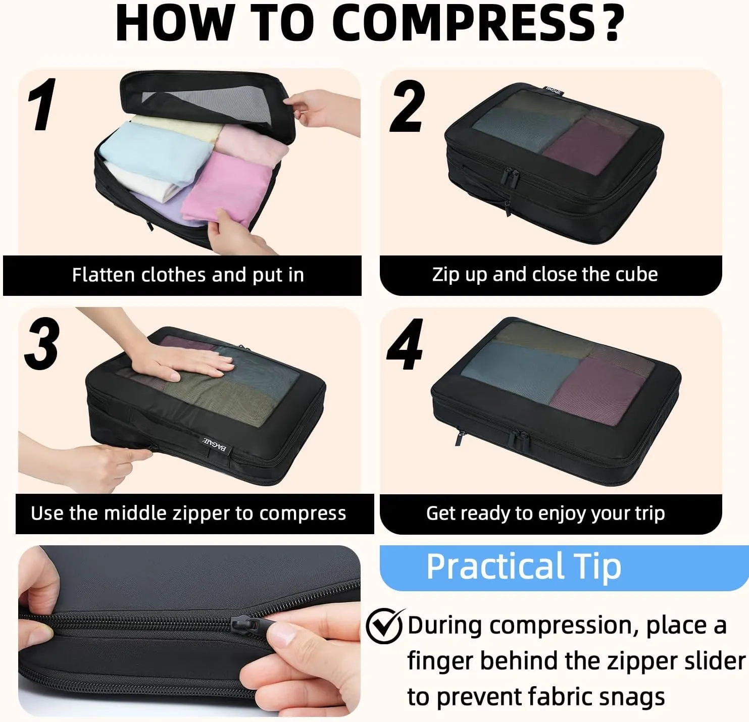 BAGAIL 4 Set/6 Set/8 Set Compression Packing Cubes Travel Accessories Expandable Packing Organizers(Black SquareMesh 6 Set)