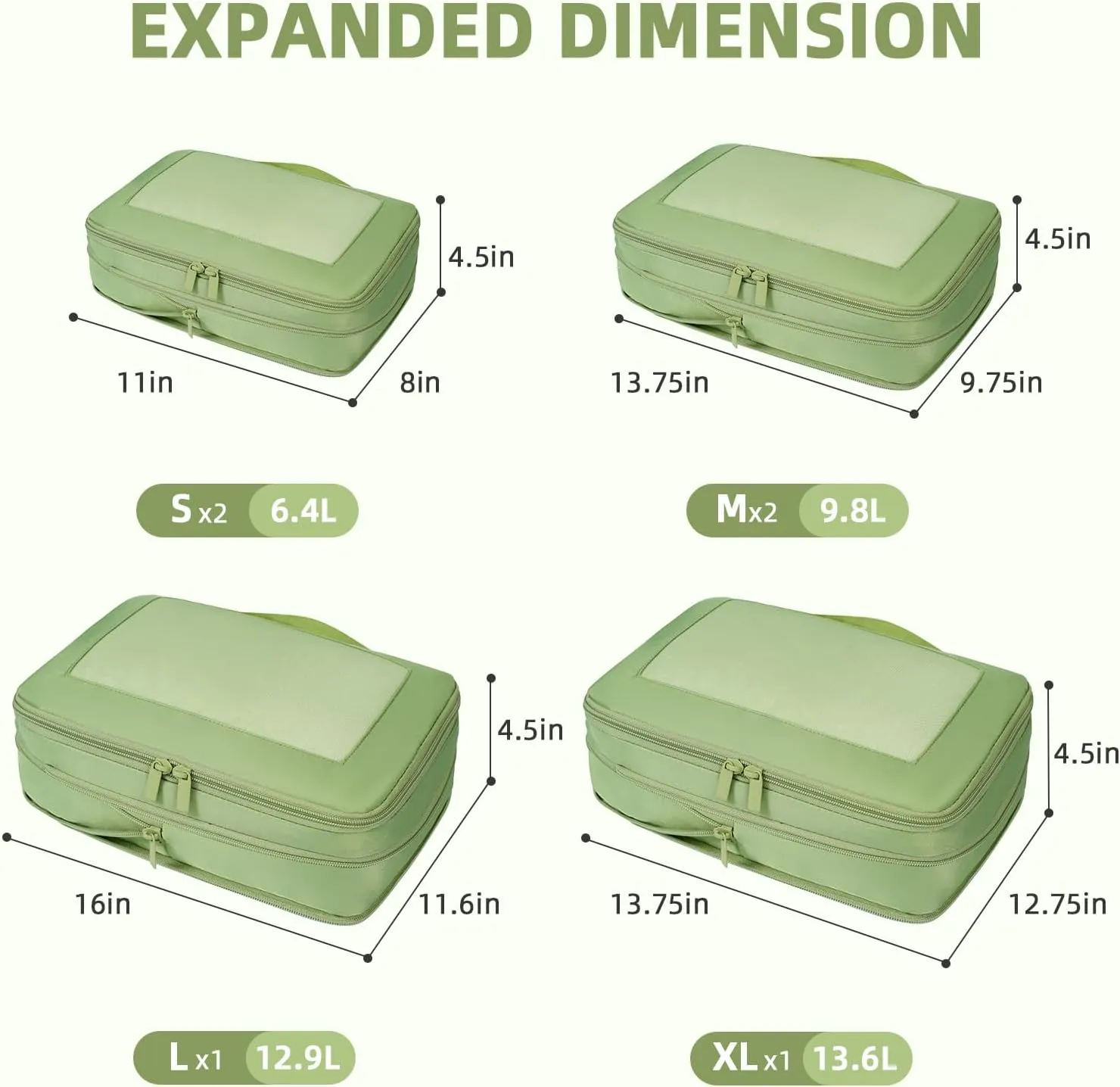 BAGAIL 4 Set/6 Set/8 Set Compression Packing Cubes Travel Accessories Expandable Packing Organizers(MatchaGreen SquareMesh 6 Set)