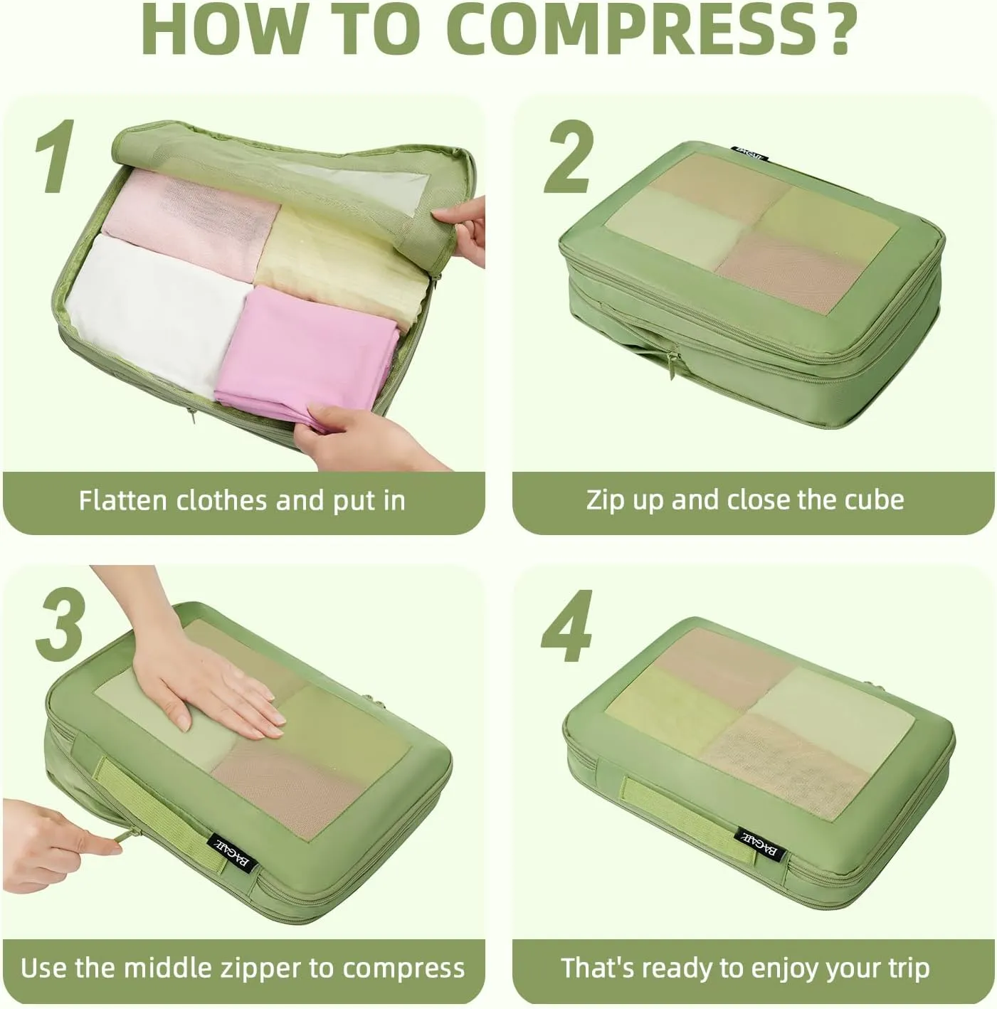 BAGAIL 4 Set/6 Set/8 Set Compression Packing Cubes Travel Accessories Expandable Packing Organizers(MatchaGreen SquareMesh 6 Set)