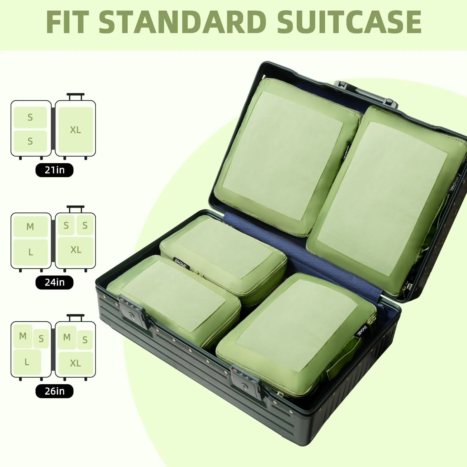BAGAIL 4 Set/6 Set/8 Set Compression Packing Cubes Travel Accessories Expandable Packing Organizers(MatchaGreen SquareMesh 6 Set)