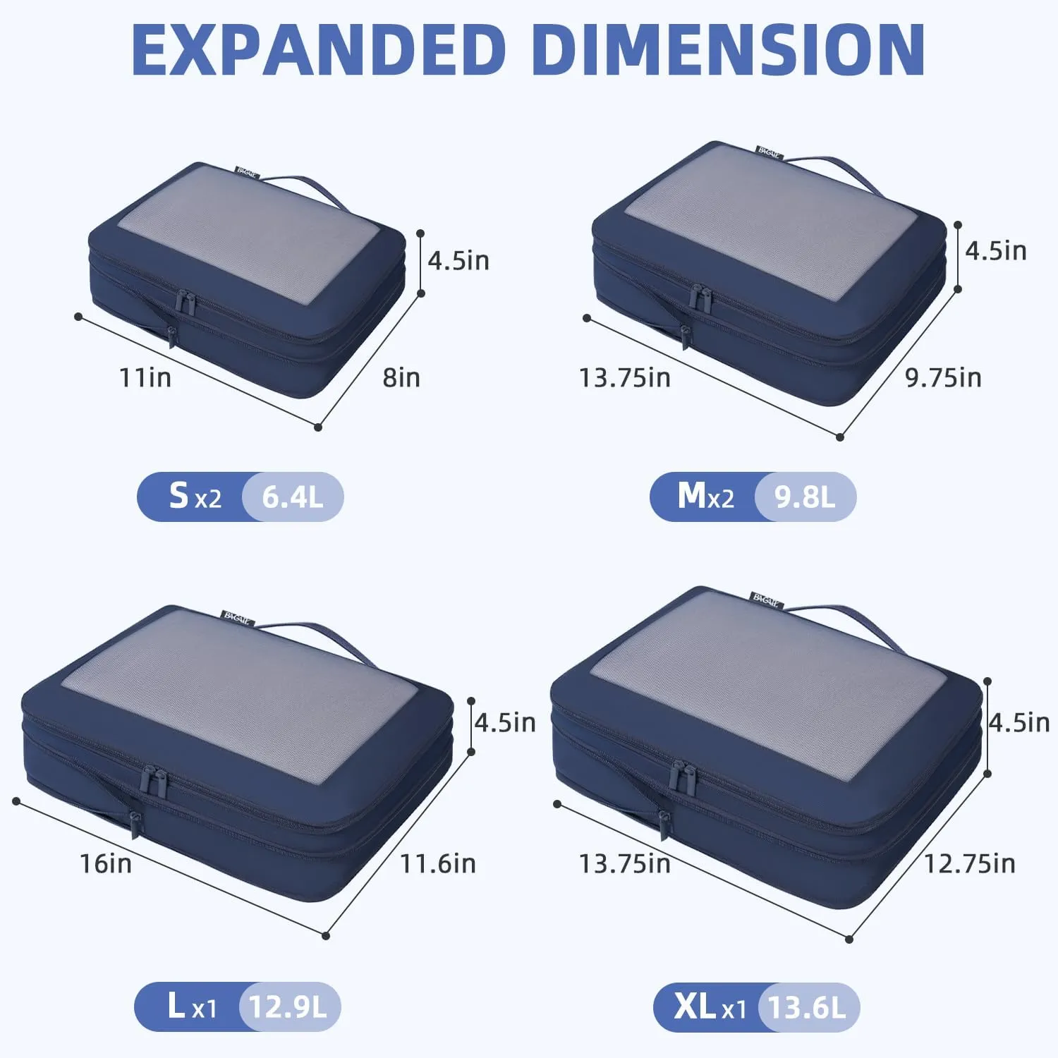 BAGAIL 4 Set/6 Set/8 Set Compression Packing Cubes Travel Accessories Expandable Packing Organizers(Navy SquareMesh 6 Set)
