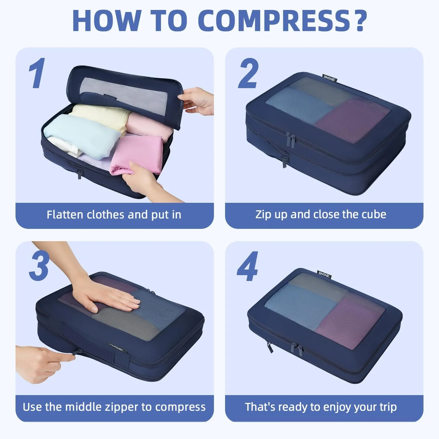 BAGAIL 4 Set/6 Set/8 Set Compression Packing Cubes Travel Accessories Expandable Packing Organizers(Navy SquareMesh 6 Set)