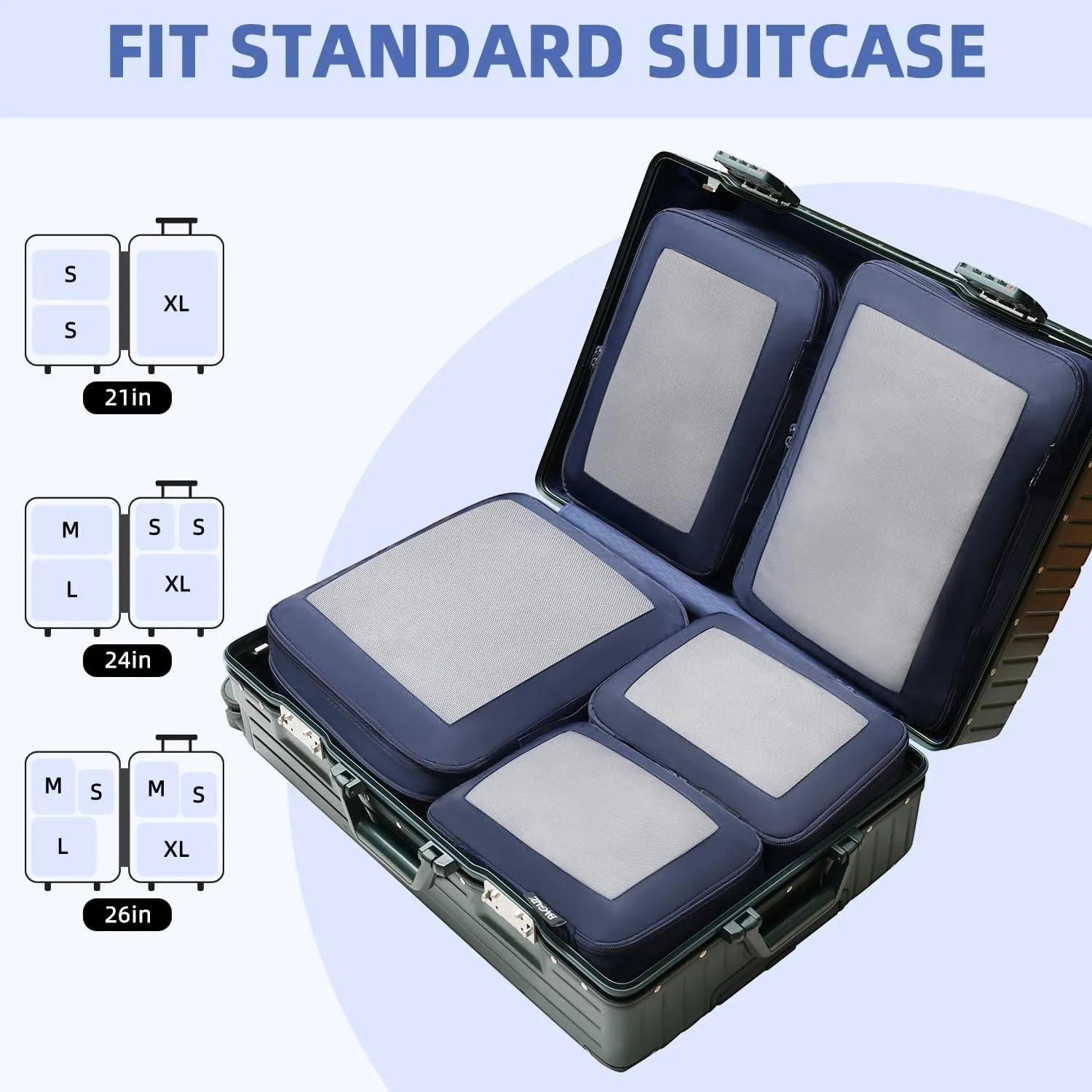 BAGAIL 4 Set/6 Set/8 Set Compression Packing Cubes Travel Accessories Expandable Packing Organizers(Navy SquareMesh 6 Set)