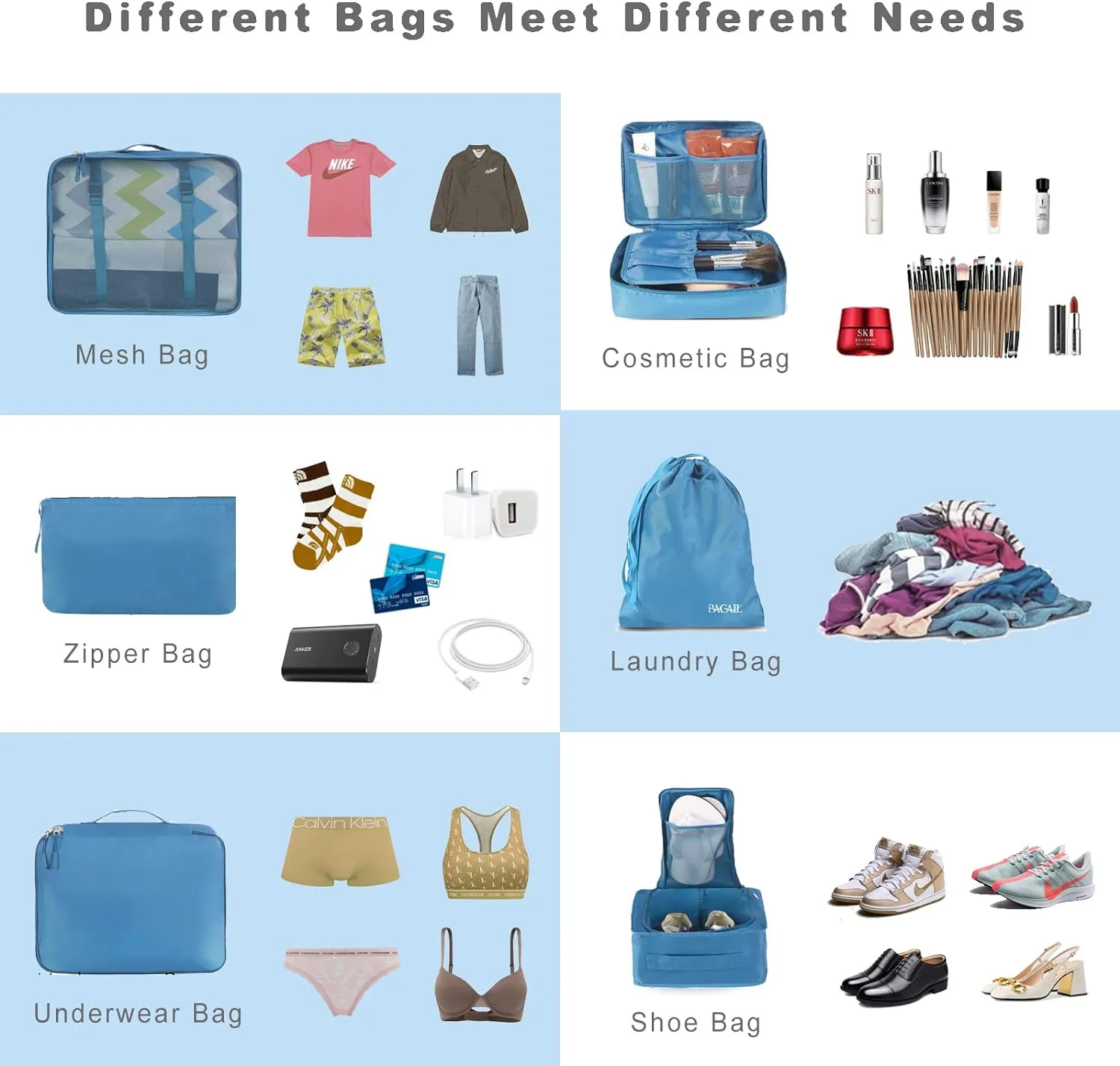 BAGAIL 8 Set Packing Cubes Luggage Packing Organizers for Travel Accessories-Light Blue