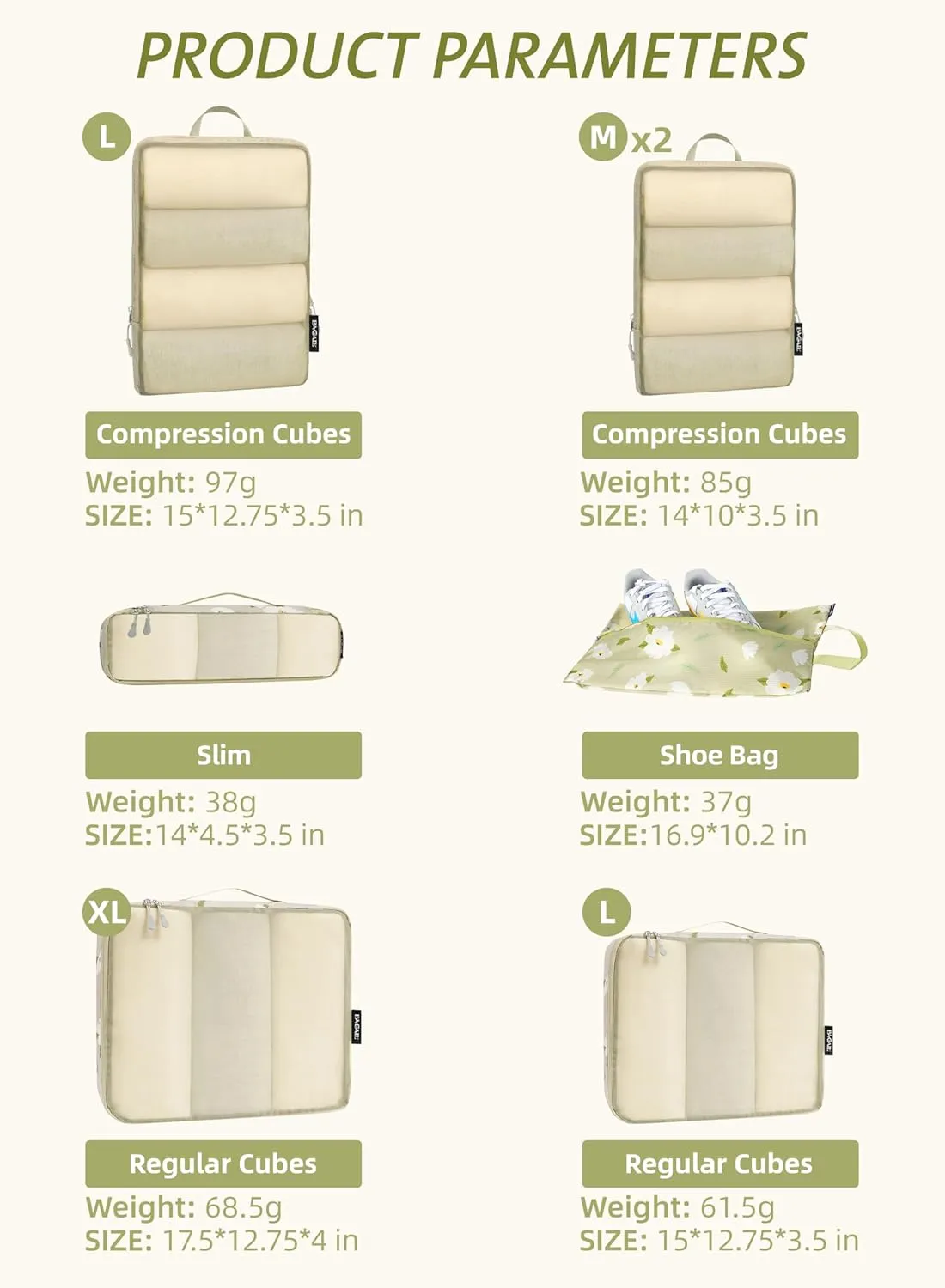 Bagail Ultralight Compression Cubes 7 Set - 3 Packing Cubes, 3 Organizers, and 1 Shoe Bag