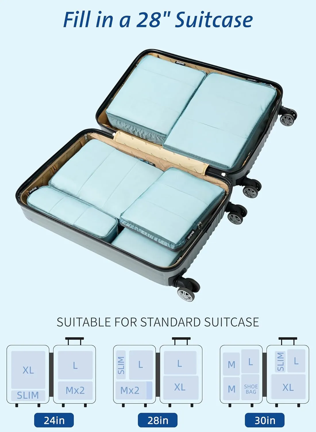 Bagail Ultralight Compression Cubes 7 Set - 3 Packing Cubes, 3 Organizers, and 1 Shoe Bag