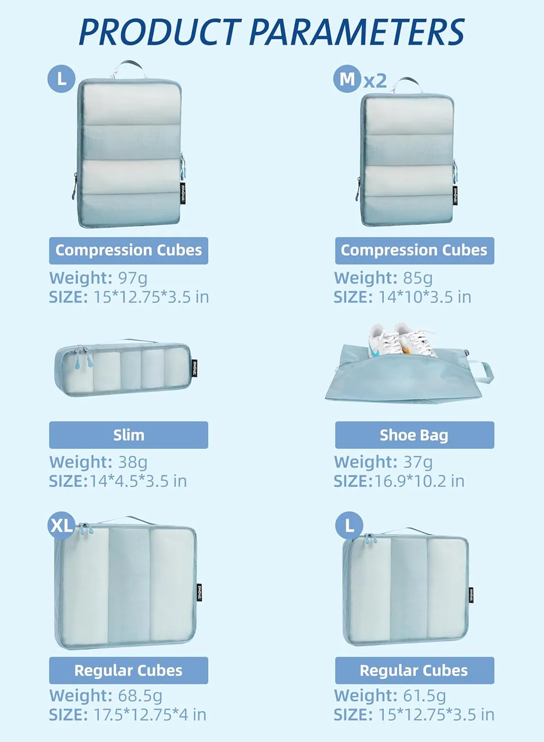 Bagail Ultralight Compression Cubes 7 Set - 3 Packing Cubes, 3 Organizers, and 1 Shoe Bag