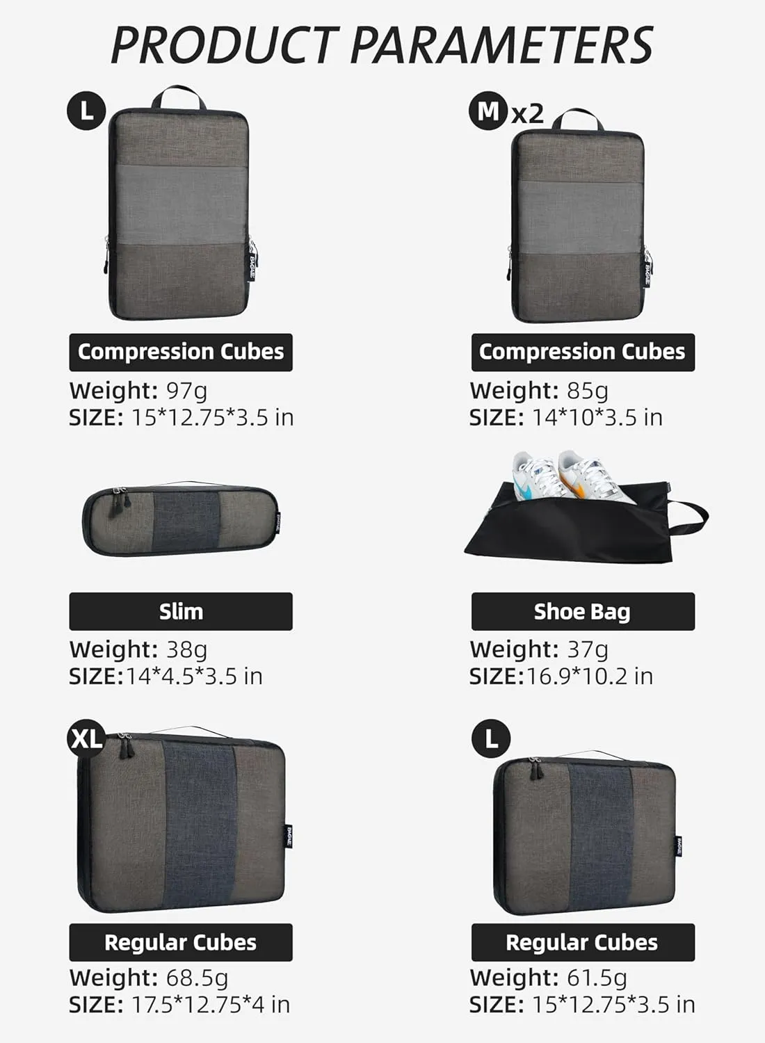 Bagail Ultralight Compression Cubes 7 Set - 3 Packing Cubes, 3 Organizers, and 1 Shoe Bag