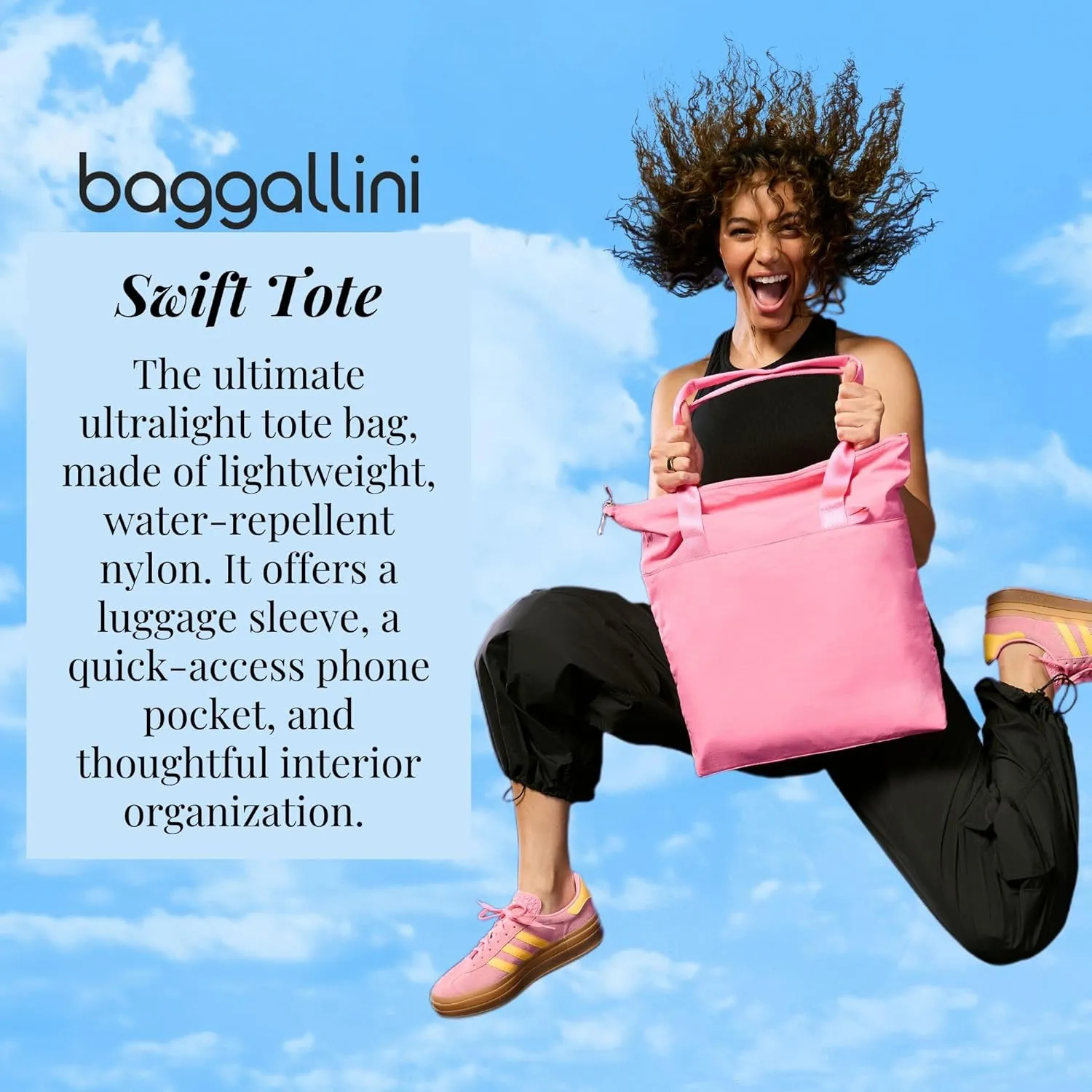 Baggallini Swift Tote Bag for Women - Lightweight 12x16 Nylon Zipped Travel Carry On Bag w/Luggage Sleeve