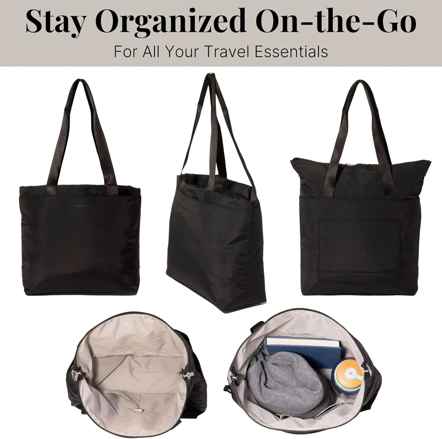 Baggallini Swift Tote Bag for Women - Lightweight 12x16 Nylon Zipped Travel Carry On Bag w/Luggage Sleeve