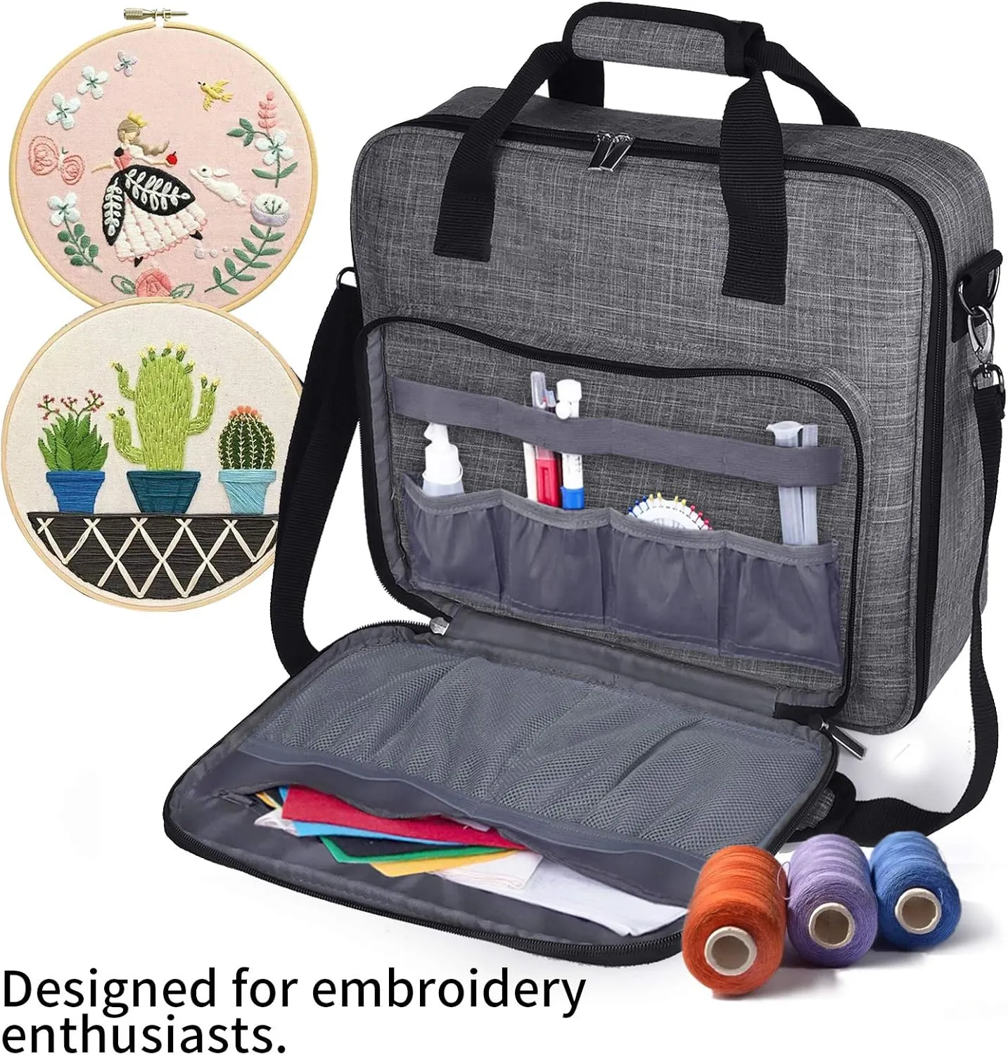 BAGLHER Cross Stitch & Embroidery Organizer Bag - Large Portable Project Storage with 3 Compartments, Travel Friendly Carrying Case for 11.2" Hoops, Threads, Supplies (Gray)