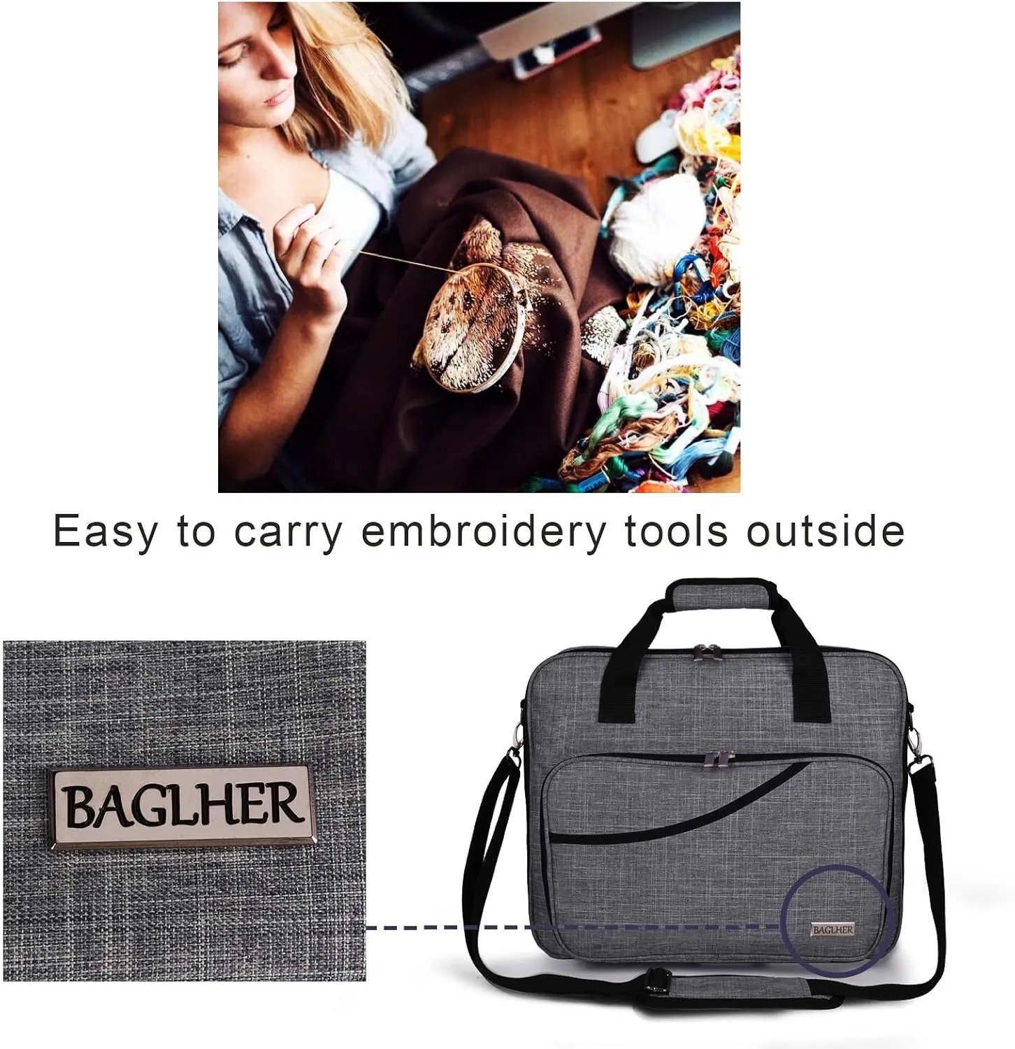 BAGLHER Cross Stitch & Embroidery Organizer Bag - Large Portable Project Storage with 3 Compartments, Travel Friendly Carrying Case for 11.2" Hoops, Threads, Supplies (Gray)