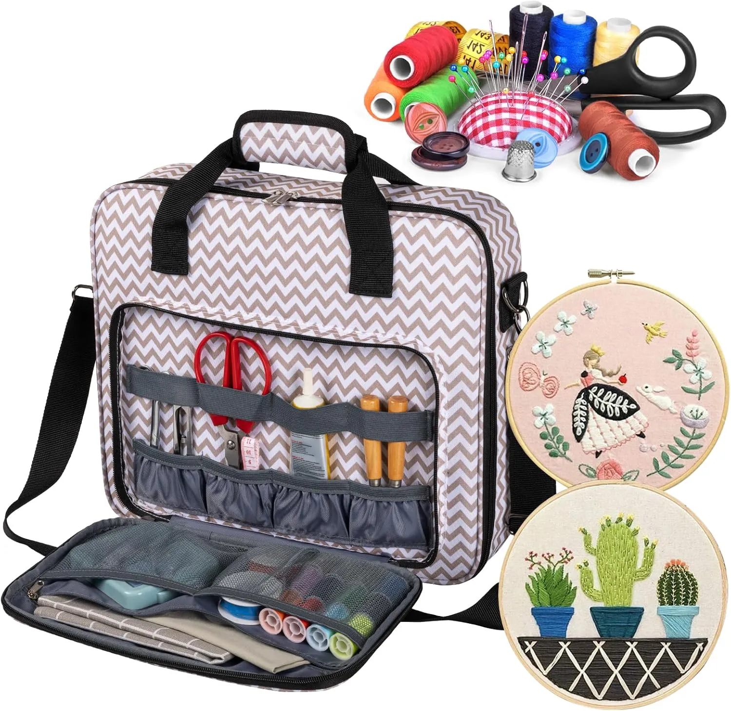 BAGLHER Cross Stitch & Embroidery Organizer Bag - Large Portable Project Storage with 3 Compartments, Travel Friendly Carrying Case for 11.2" Hoops, Threads, Supplies (Stripe)