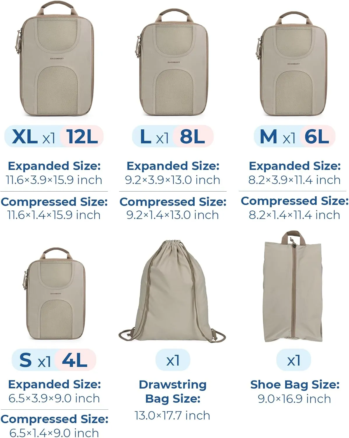 BAGSMART 6 Set Packing Cubes for Suitcases, Lightweight Suitcase Organizers & Compression Travel Cubes