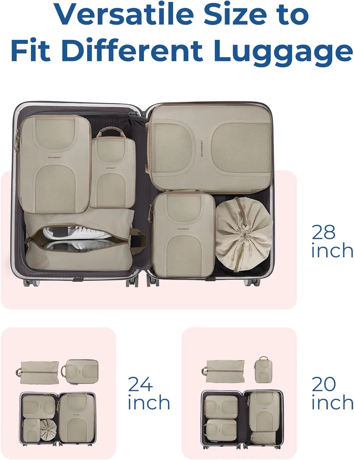 BAGSMART 6 Set Packing Cubes for Suitcases, Lightweight Suitcase Organizers & Compression Travel Cubes