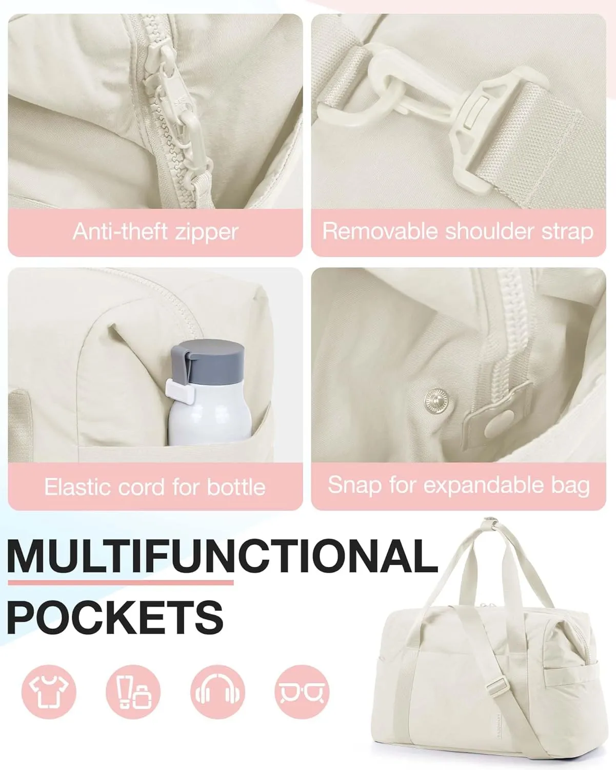 BAGSMART BAGSMART Gym Bag for Women, Carry on Weekender OvernightTravel Duffel Bags with Trolley Sleeve, Personal Item Travel Bag Tote Workout Dance Bag(Light Beige,Medium)