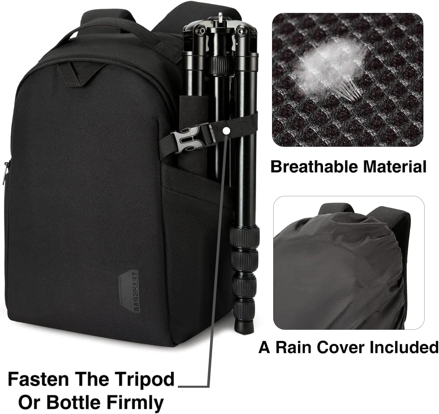 BAGSMART Camera Bag Backpack, DSLR SLR Camera Case Fits 13.3 Inch Laptop, Waterproof Photography Backpacks with Rain Cover Tripod Holder for Women Men, Black