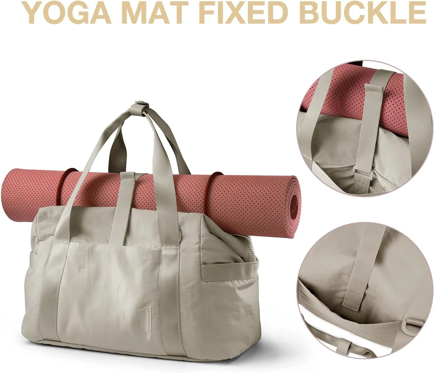 BAGSMART Gym Bag for Women, Carry on Weekender Overnight Bag, Travel Duffel Bags with Trolley Sleeve, Personal Item Travel Bag Tote Bag Workout Dance Bag, Beige-M