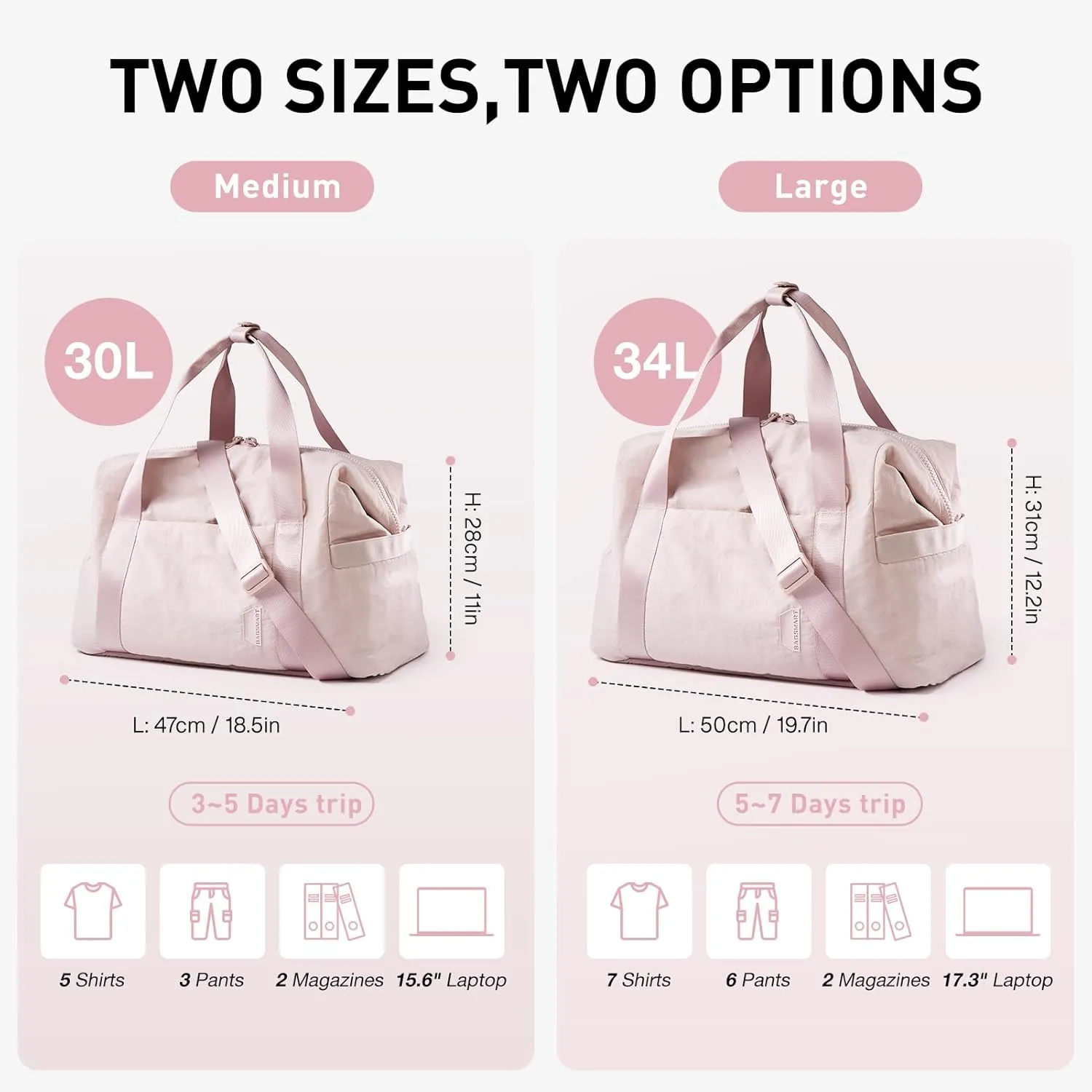 BAGSMART Gym Bag for Women, Carry on Weekender Overnight Travel Duffel Bags with Trolley Sleeve, Personal Item Travel Bag Tote Workout Dance Bag(Pink,Medium)