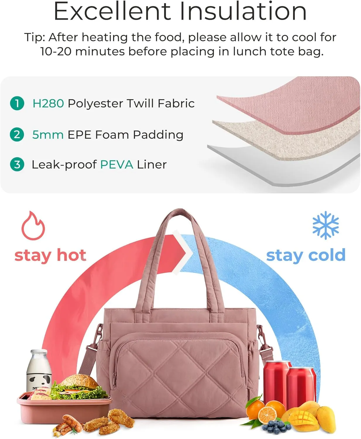 BAGSMART Lunch Bag Women Large Lunch Box Insulated Tote Bag with Multi-Pockets Quilted Puffy Tote for Work, Outdoors