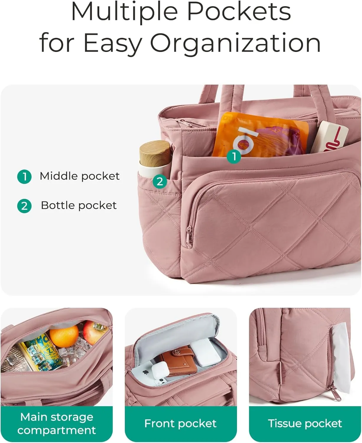 BAGSMART Lunch Bag Women Large Lunch Box Insulated Tote Bag with Multi-Pockets Quilted Puffy Tote for Work, Outdoors