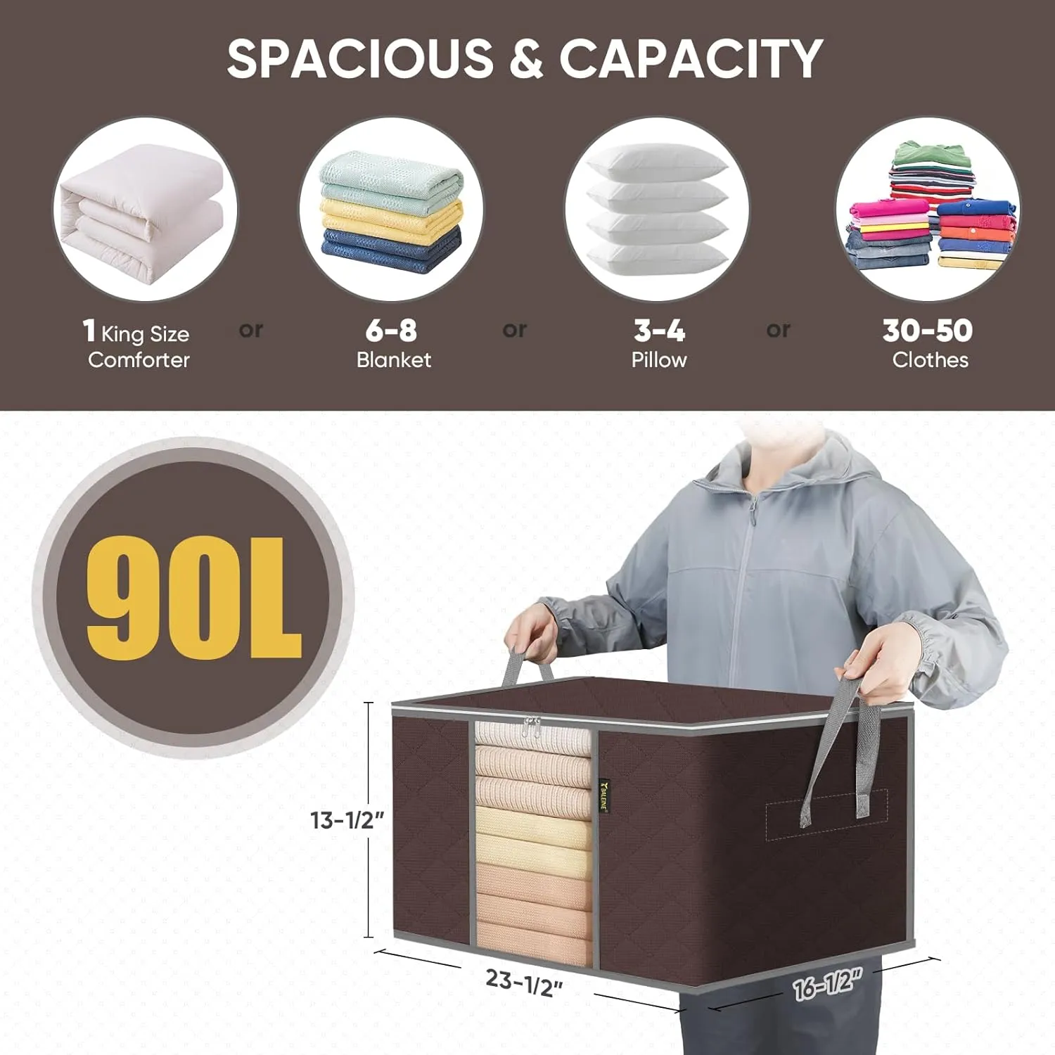 BALEINE 3 Pack Clothes Storage Bags, 24 Gallon Storage Containers with Reinforced Handle, Sturdy Zipper, Closet Organizer for Blanket, Comforter, Pillow, Bedding (Beige, 3 Pack)