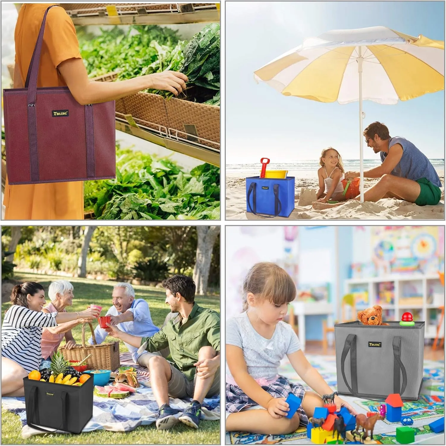 BALEINE 3Pk Reusable Grocery Bags, Foldable Shopping Bags for Groceries with Reinforced Bottom & Handles (Blue)