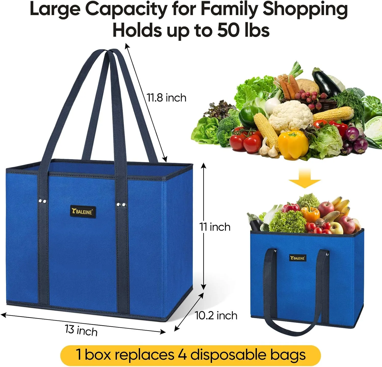 BALEINE 3Pk Reusable Grocery Bags, Foldable Shopping Bags for Groceries with Reinforced Bottom & Handles (Blue)