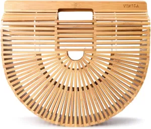 Bamboo Bags for Women Summer Straw Bags Wooden Beach Purses Basket Handle Handbags