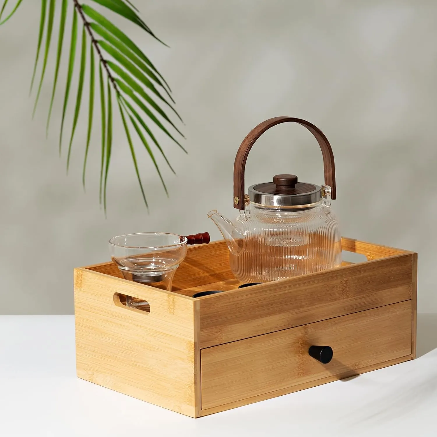 Bamboo Tea Bag Organizer - 8 Compartment Multi-Functional Wooden Teabag Holder with Serving Tray & Drawer