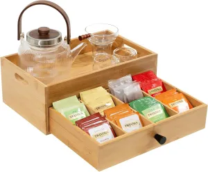 Bamboo Tea Bag Organizer - 8 Compartment Multi-Functional Wooden Teabag Holder with Serving Tray & Drawer