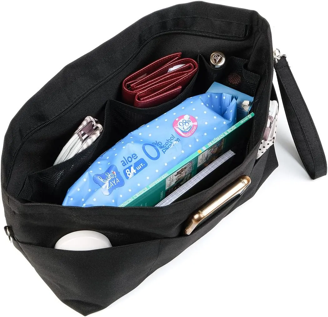 BARVEN Purse Oxford Organizer Insert for Handbag Repels Dirt Sturdy Durable Bag Organizer with Zipper 10 Pockets for Speedy and Neverfull (Black, Large)