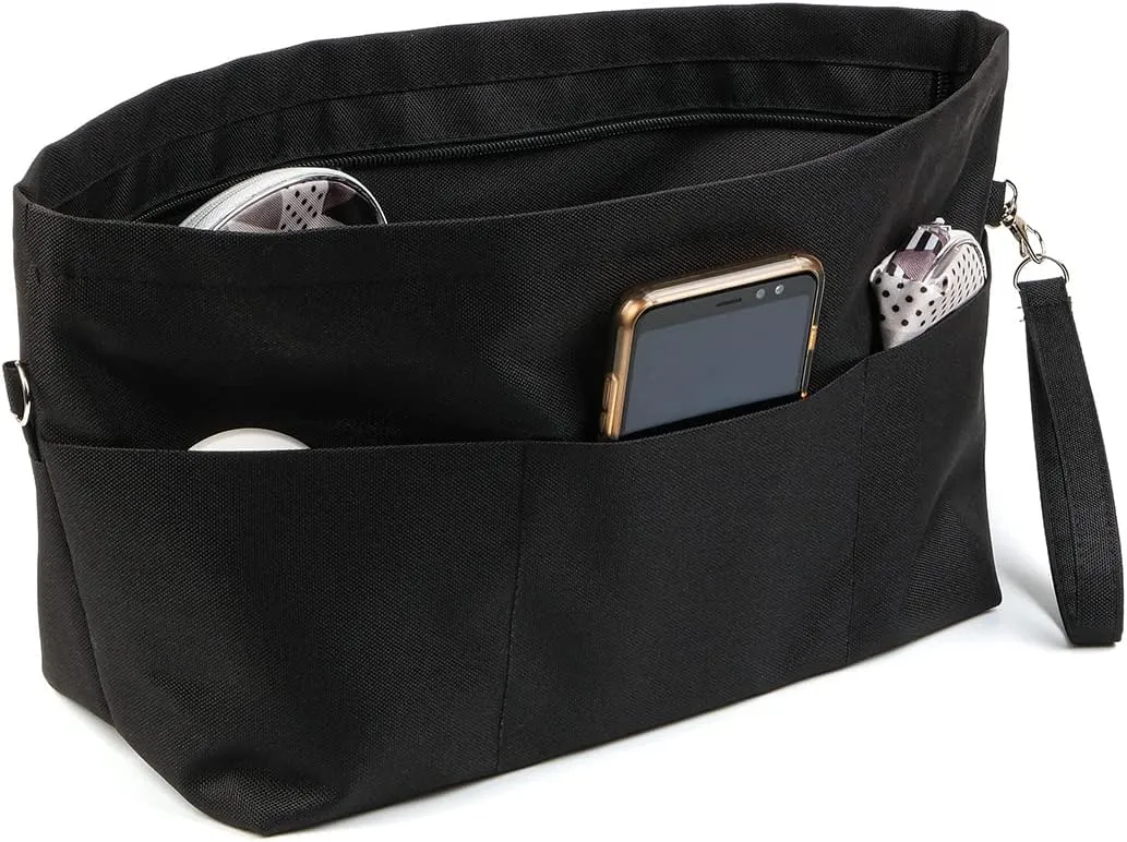 BARVEN Purse Oxford Organizer Insert for Handbag Repels Dirt Sturdy Durable Bag Organizer with Zipper 10 Pockets for Speedy and Neverfull (Black, Large)
