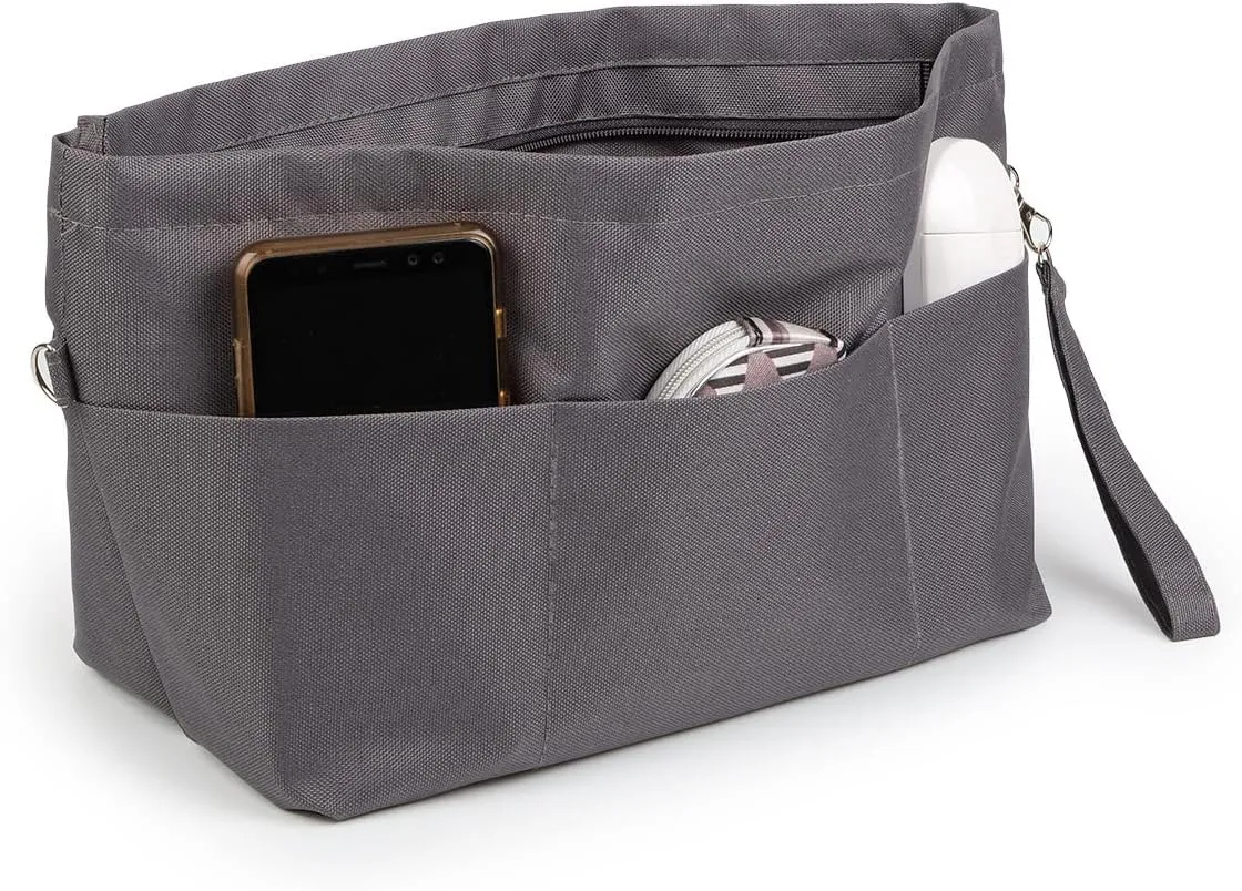BARVEN Purse Oxford Organizer Insert for Handbag Repels Dirt Sturdy Durable Bag Organizer with Zipper 10 Pockets for Speedy and Neverfull (Gray, Medium)