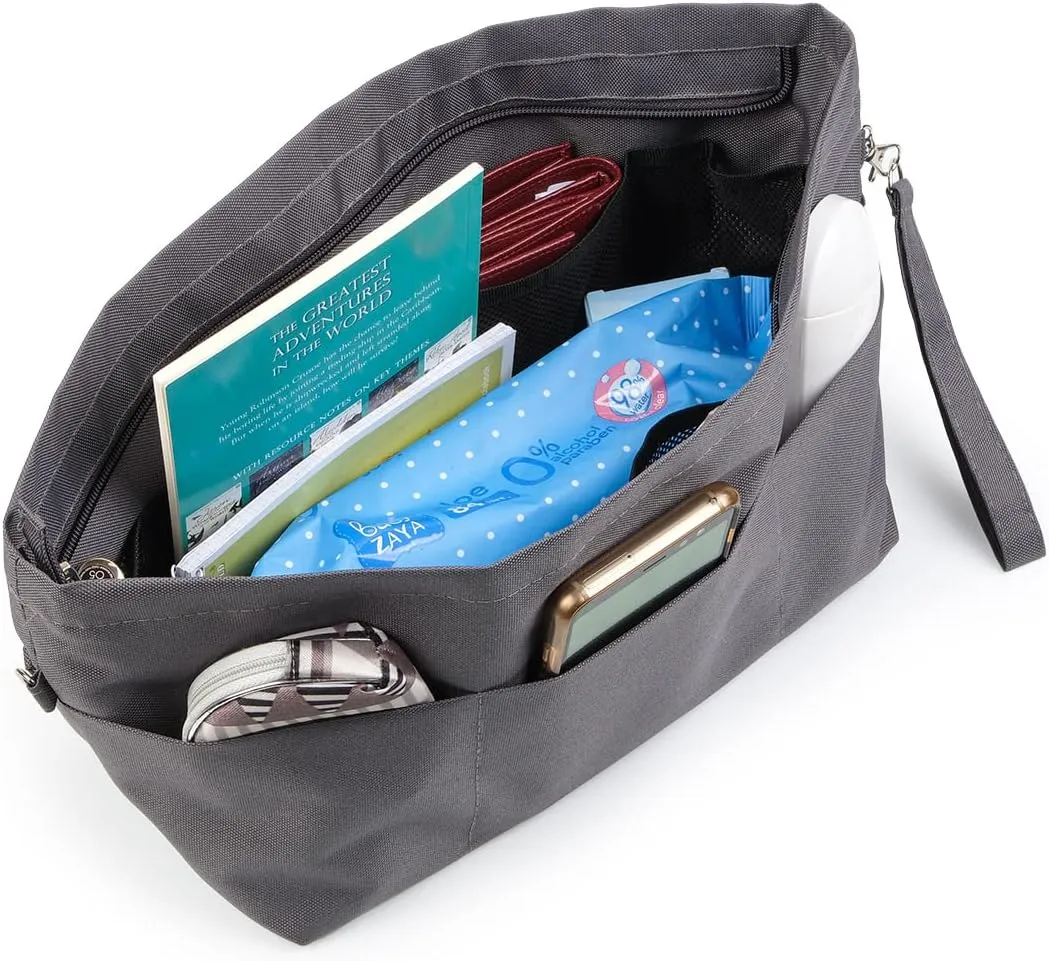 BARVEN Purse Oxford Organizer Insert for Handbag Repels Dirt Sturdy Durable Bag Organizer with Zipper 10 Pockets for Speedy and Neverfull (Gray, Medium)