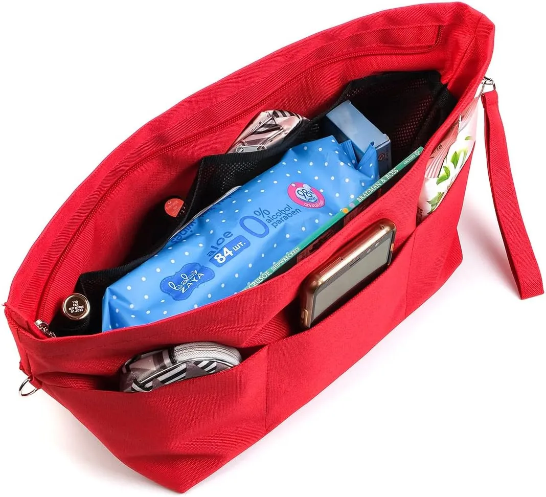 BARVEN Purse Oxford Organizer Insert for Handbag Repels Dirt Sturdy Durable Bag Organizer with Zipper 10 Pockets for Speedy and Neverfull (Red, Large)