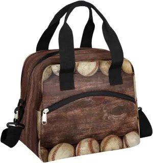 Baseball Wood Plank Lunch Bag with Pockets Leakproof Insulation Retro Cute Lunch Box Waterproof Cooler Bag with Shoulder Strap