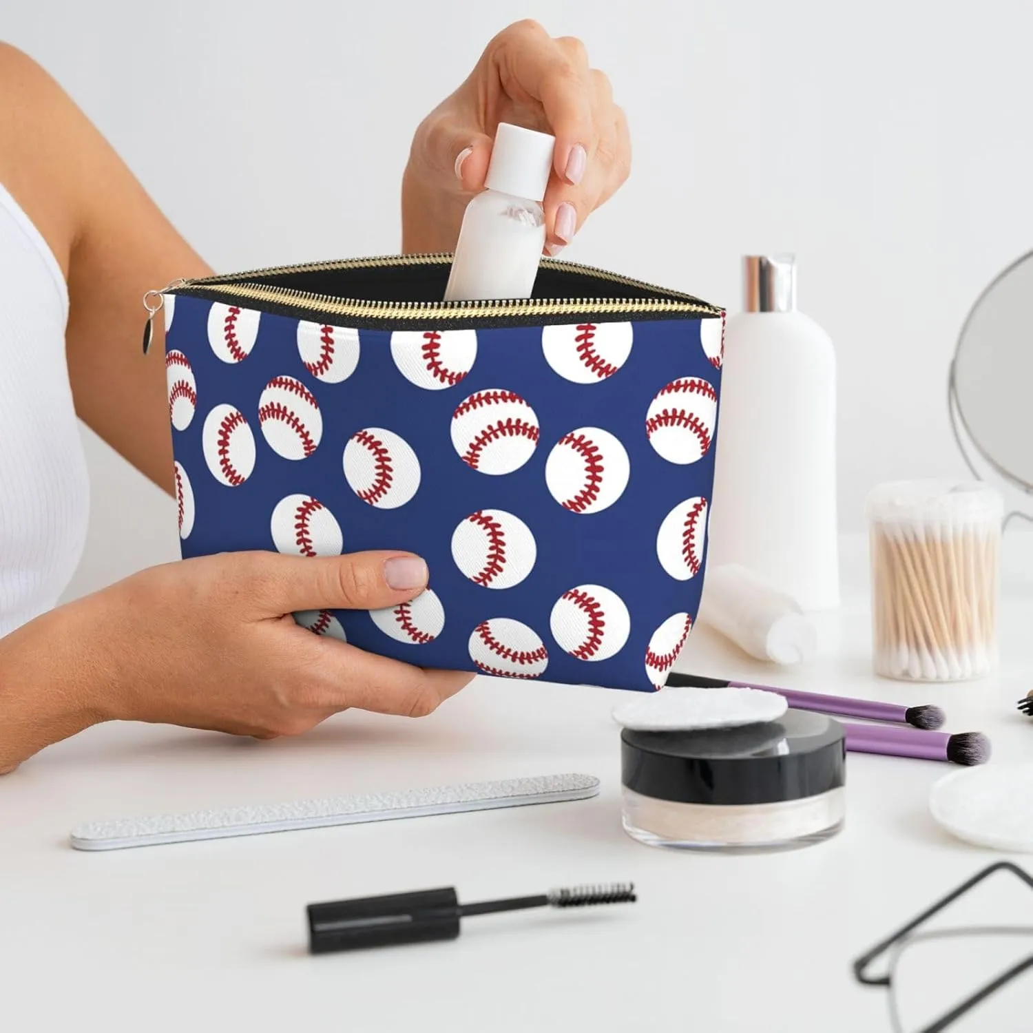 Baseballs Blue Makeup Bag Waterproof Cosmetic Bag Organizer Small Make Up Zipper Pouch Portable Travel Toiletry Bag for Women Girls