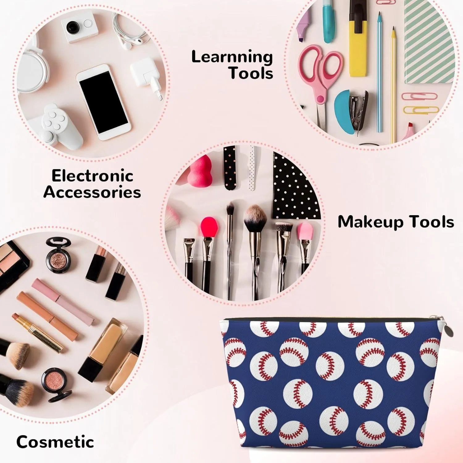 Baseballs Blue Makeup Bag Waterproof Cosmetic Bag Organizer Small Make Up Zipper Pouch Portable Travel Toiletry Bag for Women Girls