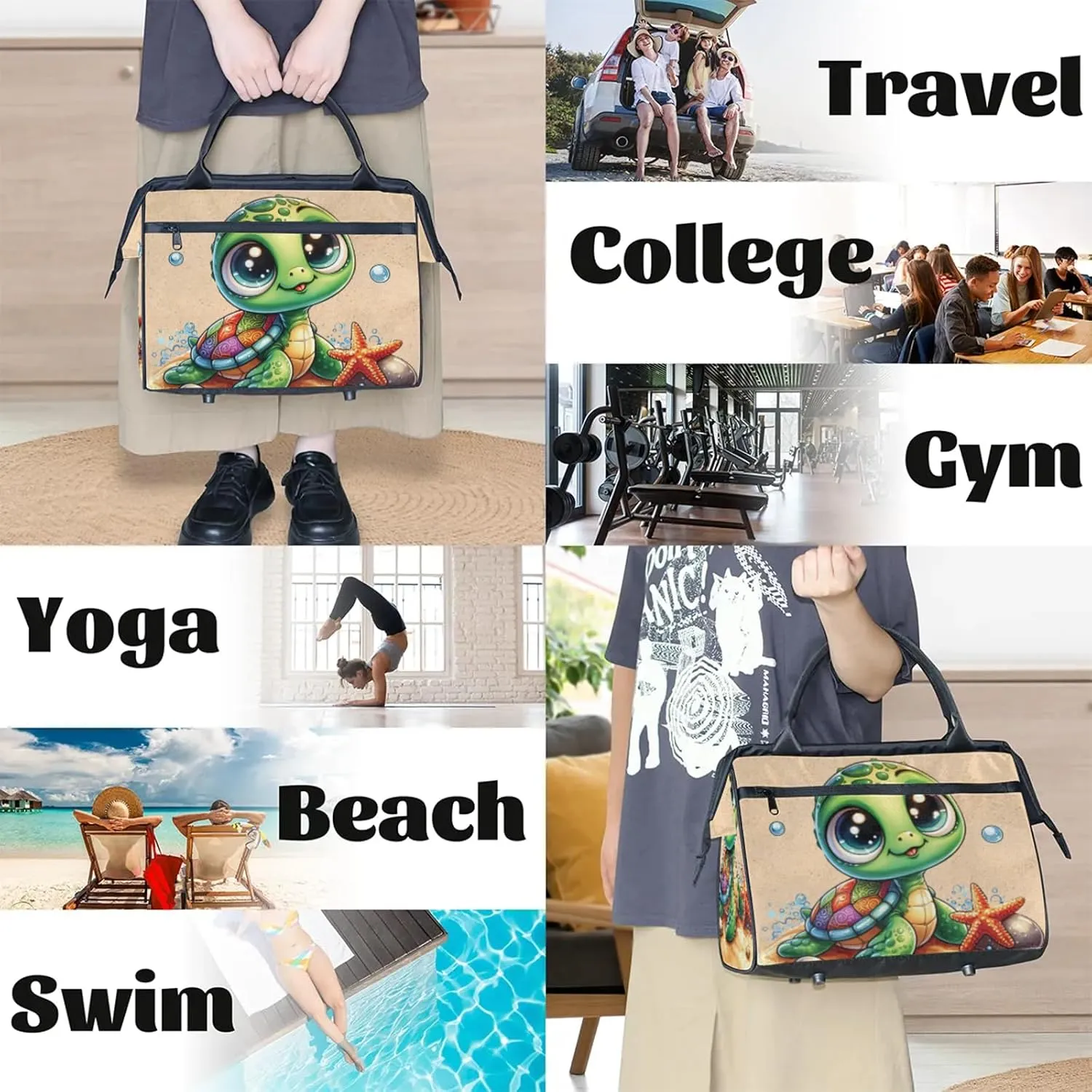 Beach Cute Animal Turtle Travel Duffel Bag Gym Tote Bag for Women Men Waterproof Weekend Overnight Bag Carry On Tote Luggage with Pocket Personal Item Bags Sports Bag fit Travel Sports Gym Yoga