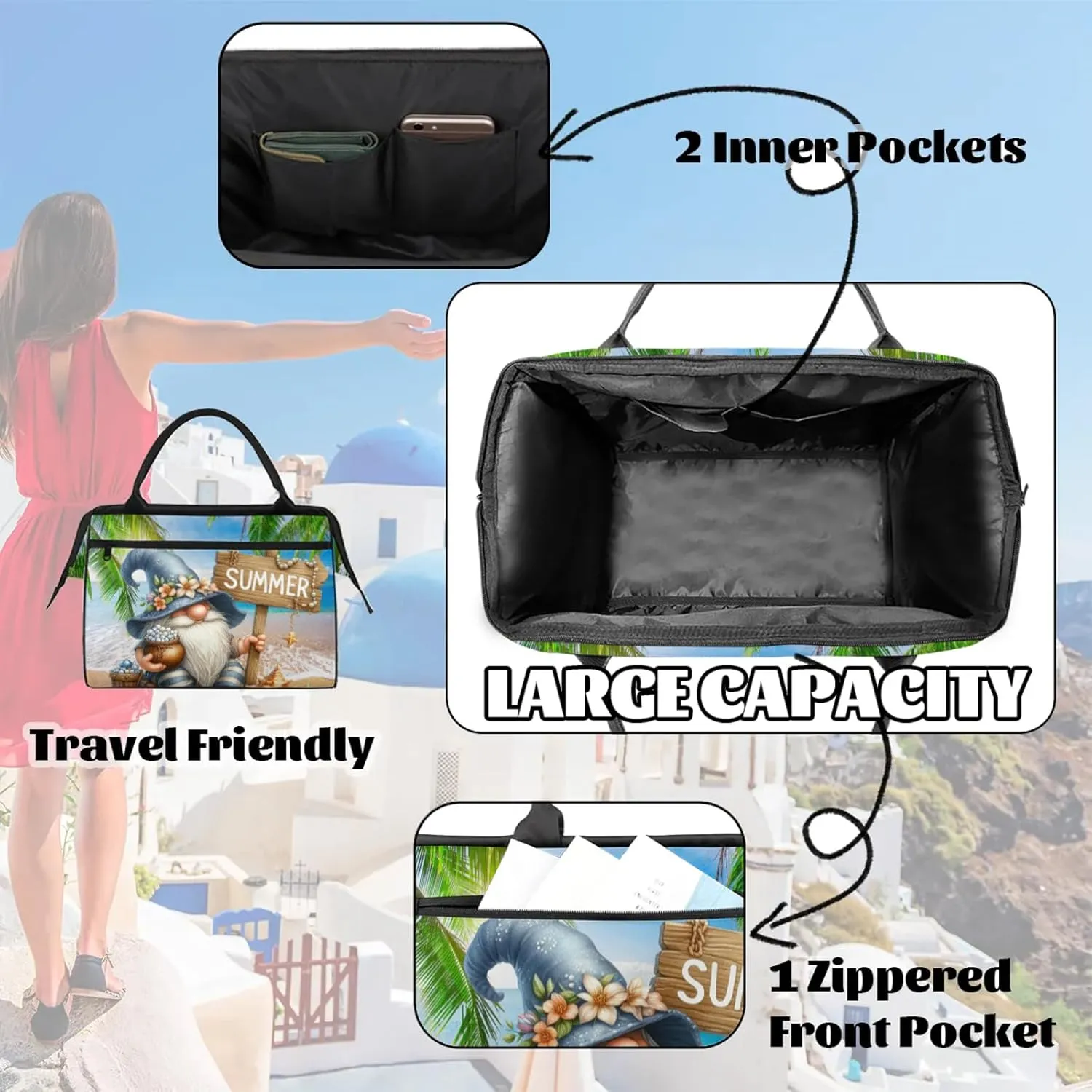 Beach Palm Leaf Pearl Travel Duffel Bag Gym Tote Bag for Women Men Waterproof Weekend Overnight Bag Carry On Tote Luggage with Pocket Personal Item Bags Sports Bag fit Travel Sports Gym Yoga