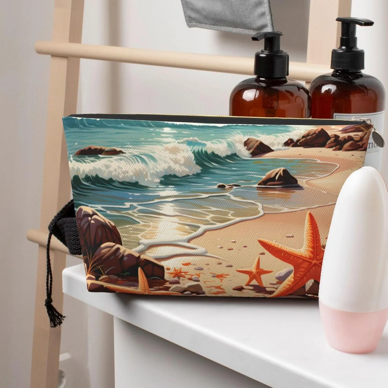 Beach Seaside Starfish Makeup Bag Waterproof Cosmetic Bag Organizer Small Make Up Zipper Pouch Portable Travel Toiletry Bag for Women Girls