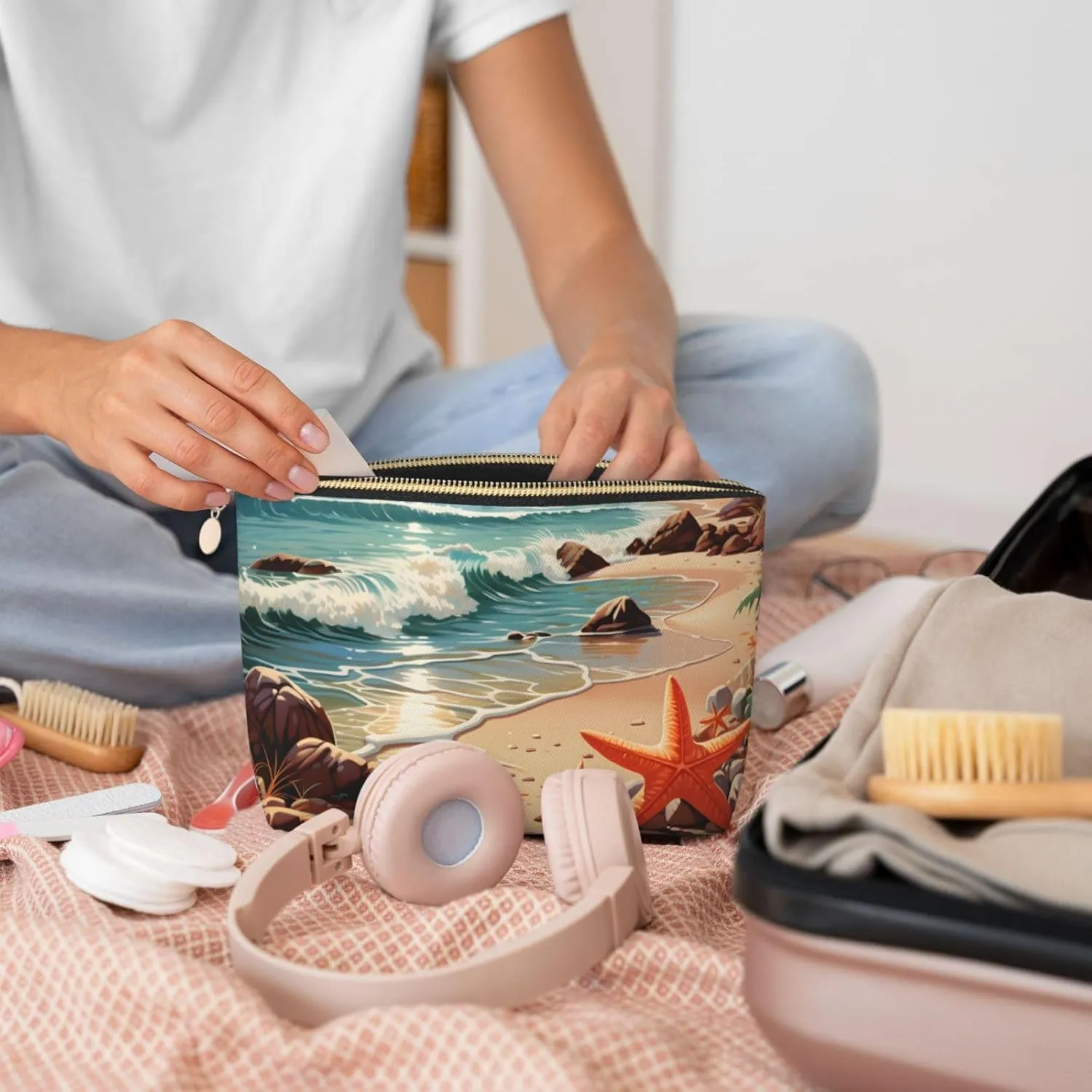 Beach Seaside Starfish Makeup Bag Waterproof Cosmetic Bag Organizer Small Make Up Zipper Pouch Portable Travel Toiletry Bag for Women Girls