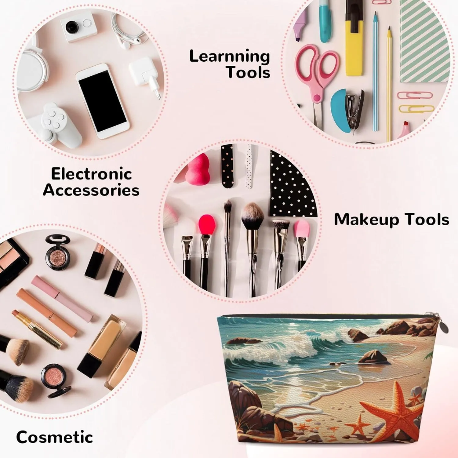 Beach Seaside Starfish Makeup Bag Waterproof Cosmetic Bag Organizer Small Make Up Zipper Pouch Portable Travel Toiletry Bag for Women Girls