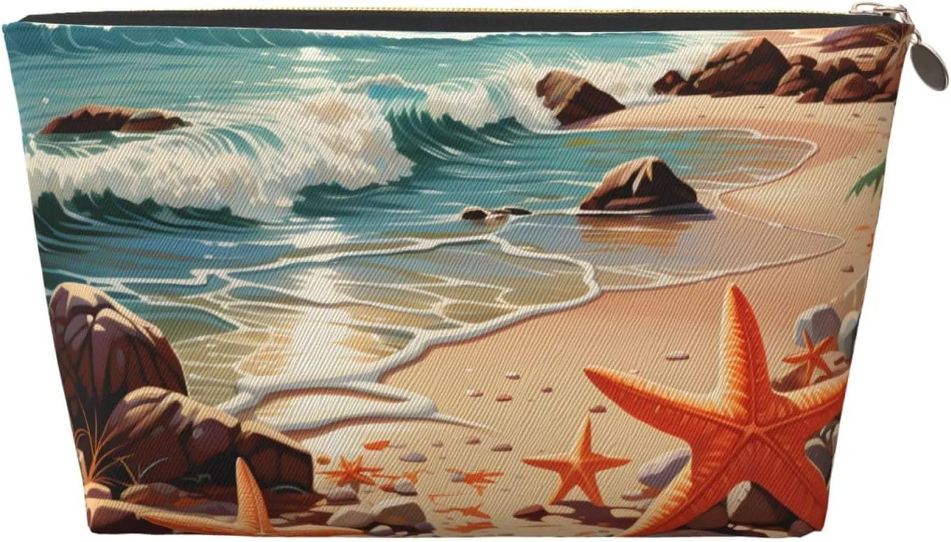 Beach Seaside Starfish Makeup Bag Waterproof Cosmetic Bag Organizer Small Make Up Zipper Pouch Portable Travel Toiletry Bag for Women Girls