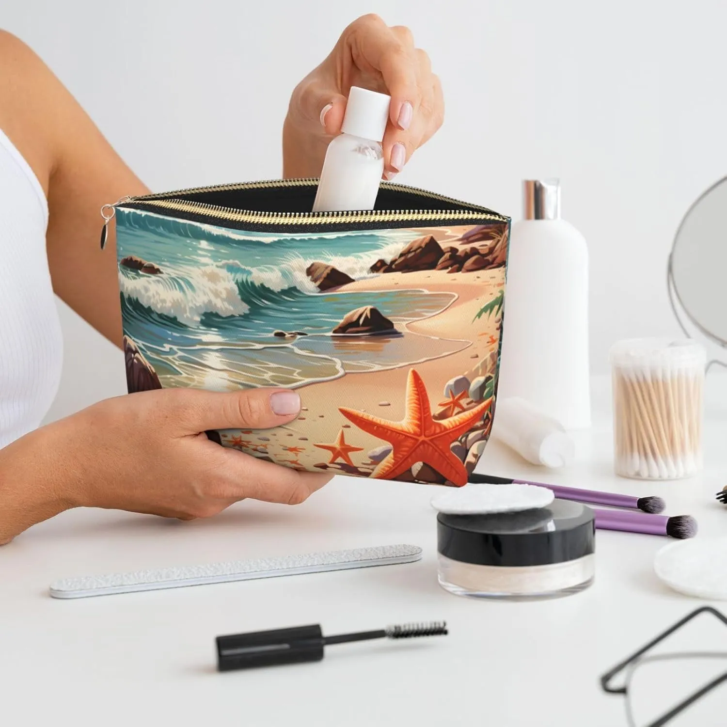 Beach Seaside Starfish Makeup Bag Waterproof Cosmetic Bag Organizer Small Make Up Zipper Pouch Portable Travel Toiletry Bag for Women Girls