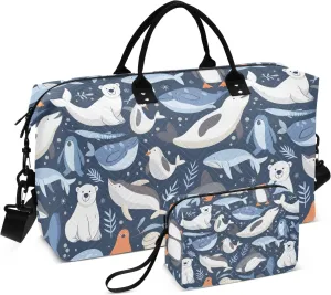 Bear Seal Penguin Walrus Whale Fish Travel Duffle Bag,Large Weekender Travel Bag for Women Men Waterproof Luggage Bag with Trolley Sleeve,Airplane Travel Essentials for Flying