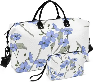 Beautiful Blue Flax Flowers Duffle Bags for Women Men Waterproof Weekender Overnight Bags Hospital Bag Large Tote Bag with Toiletry Bag for Yoga Gym Travel Sport Hospital