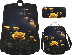 Beautiful yellow roses Large capacity durable school bag   pencil case   lunch bag, accompany your children to study happily every day